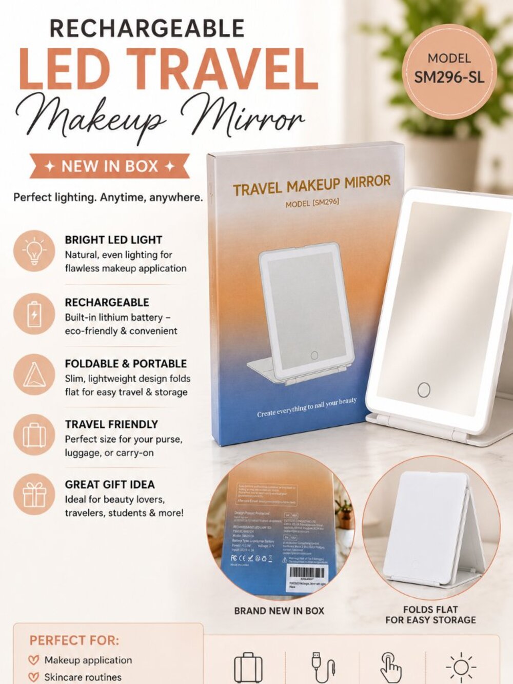 LED Travel Makeup Mirror Rechargeable Lighted Vanity Mirror Portable NIB